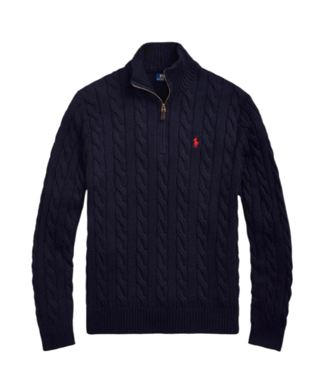 RL Navy Cable Knit Quarter Zip