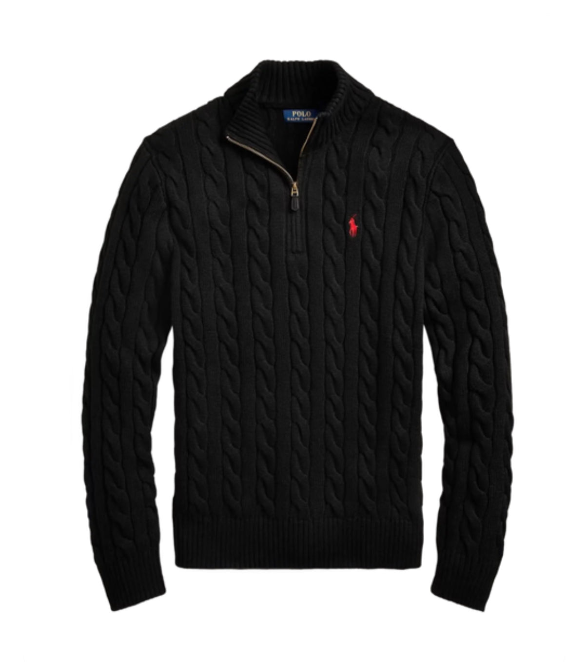 RL Black Cable Knit Quarter Zip